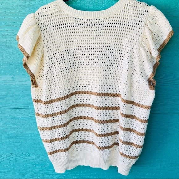 CROCHET FLORAL AND STRIPES CREAM TAN FLUTTER SLEEVE PULLOVER SWEATER SIZE 2X NWT - Picture 9 of 9